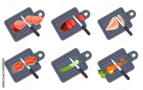 Food meat fish vegetable chopping slice on board isolated set. Vector graphic design illustration