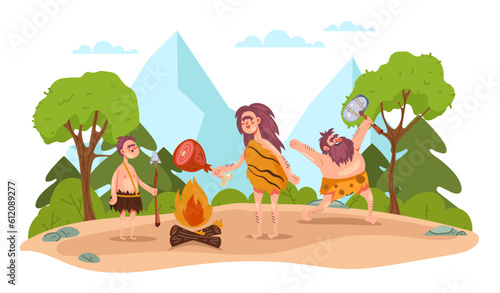 Stone age primitive prehistoric ancient family concept. Vector graphic design illustration
