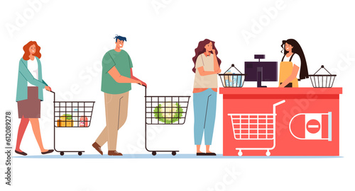 Supermarket grocery shop cashier checkout queue line concept. Vector graphic design illustration