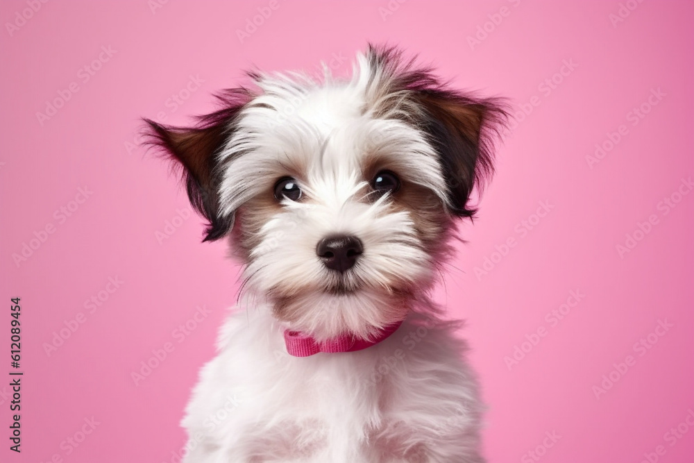 Portrait of a beautiful cute happy dog isolated on a pink background with copy space. High quality photo Generative AI Portrait of a beautiful cute happy dog isolated on a pink background with copy space. High quality photo Generative AI