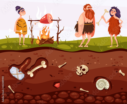 Cave man people village prehistoric primitive tribe village concept. Vector graphic design element illustration