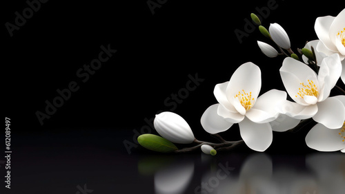 White magnolia flowers on black background. Generative AI photo