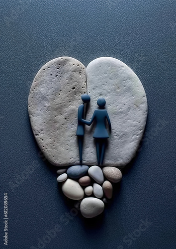 A miniature sculptural composition made of pebbles and other natural materials. Minimalistic image of a man and a woman. AI generated. photo