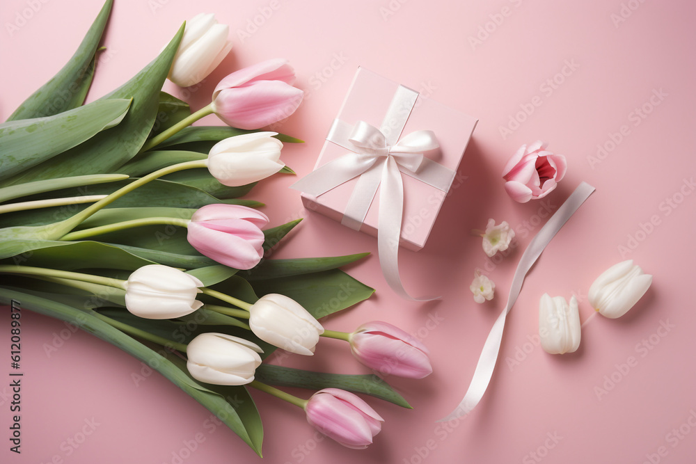 Happy mothers Day concept. Top view of white and pink tulip flowers on pink pastel background. Flat lay. Generative AI Happy mothers Day concept. Top view of white and pink tulip flowers on pink pastel background. Flat lay. Generative AI