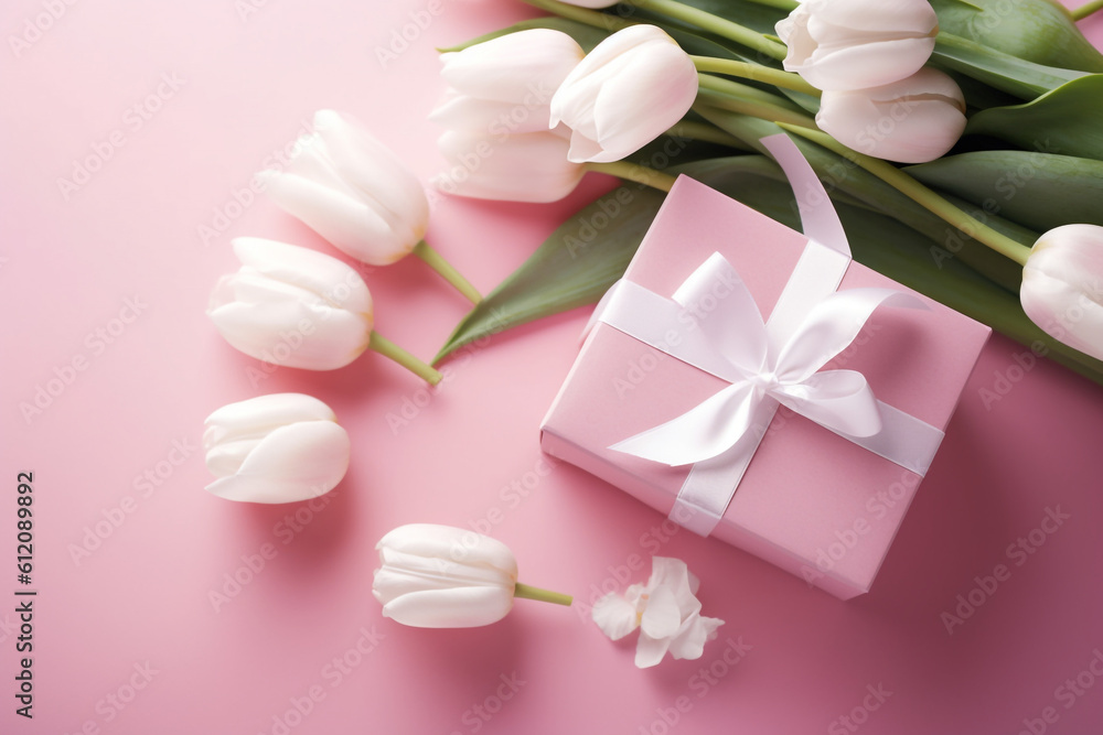 Happy mothers Day concept. Top view of white and pink tulip flowers on pink pastel background. Flat lay. Generative AI Happy mothers Day concept. Top view of white and pink tulip flowers on pink pastel background. Flat lay. Generative AI