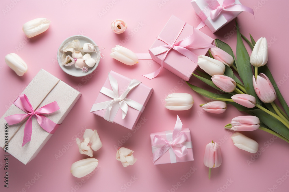 Happy mothers Day concept. Top view of white and pink tulip flowers on pink pastel background. Flat lay. Generative AI