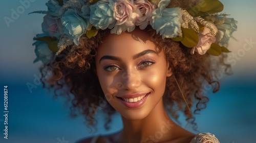 creative of a young woman with floral decoration on her head, goddess of spring or goddess of plants and flowers, a young woman as a princess at the beach, vacation and beauty