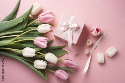 Happy mothers Day concept. Top view of white and pink tulip flowers on pink pastel background. Flat lay. Generative AI © RBGallery