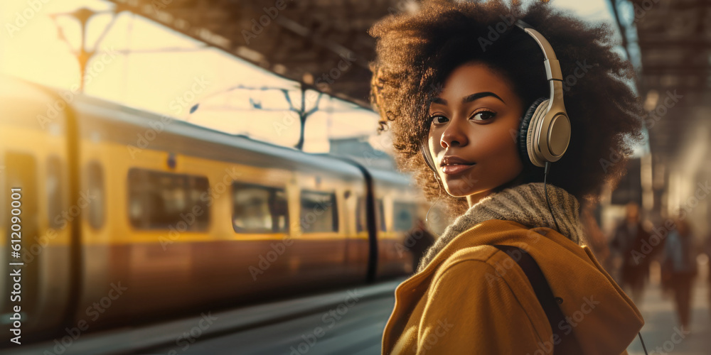 Happy and beautiful african-american woman listening to headphones and smiling in train station, generative ai