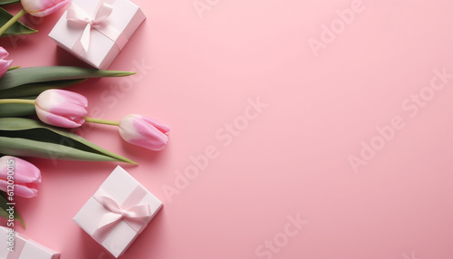 Happy mothers Day concept. Top view of white and pink tulip flowers on pink pastel background. Flat lay. Generative AI © DailyStock