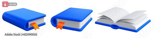 Book icon set. Paper books with a bookmark and blue covers, isolated on white background. Closed and open notebook, handbook or diary. Online education concept. 3d realistic vector illustration