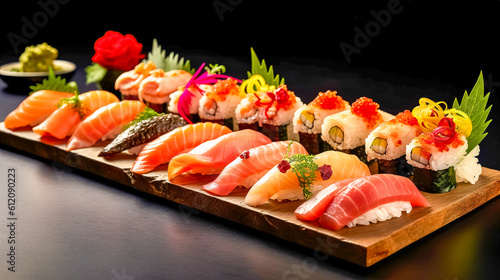 different types of sushi on a wooden board in an asian restaurant, healthy food, banner, made with Generative AI