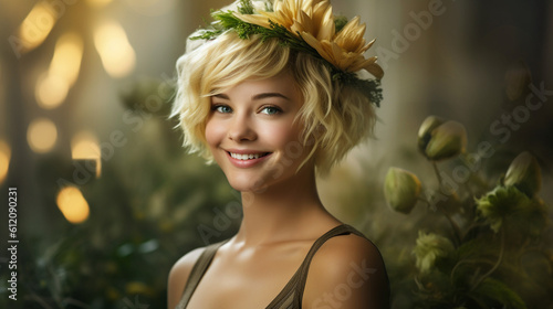 creative of a young woman with floral decoration on her head, goddess of spring or goddess of plants and flowers, a young woman as a princess
