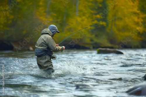 Fisherman catches trout on spinning in fast mountain river. Generative AI illustration