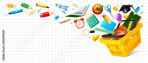 Back to school sale. Advertising banner template with 3d realistic shopping basket and stationery, flying into the cart. Checkered white paper background with space for text. Vector illustration