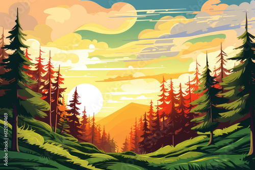 fir tree forest nature landscape summer illustration Generative AI