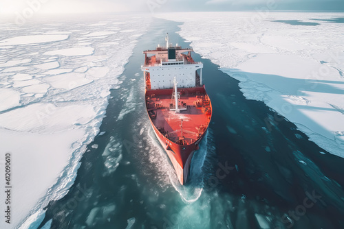 Aerial view of Large Cargo icebreaker sails in ice-cold ocean. Generative AI illustration