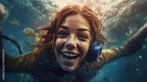 young adult woman diving, underwater, fun and joy, fictional place