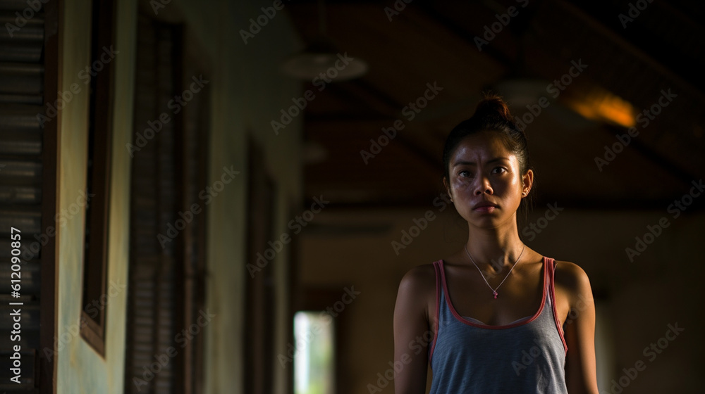 Fototapeta premium problems or bad mood, everyday life, young adult asian woman in simple living conditions in the countryside rural, real life, house indoor, fictional place, unhappy and satisfied