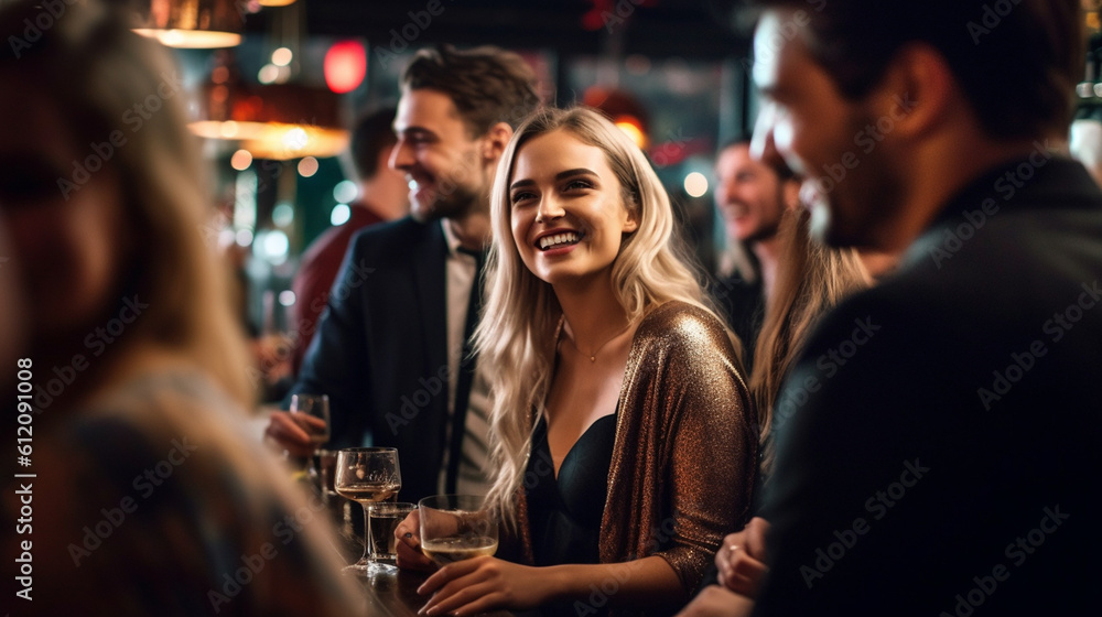 young adult woman, party or meeting with friends or tourists, vacation day or nightlife in an old town, tourist side treat or party street with bars and clubs, fictional place