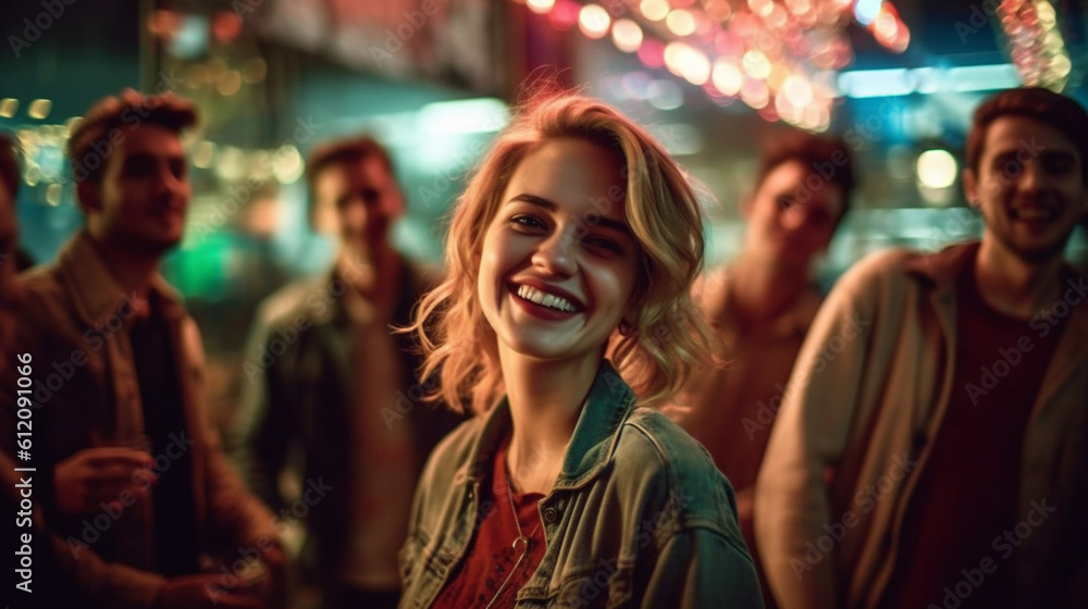 young adult woman, party or meeting with friends or tourists, vacation day or nightlife in an old town, tourist side treat or party street with bars and clubs, fictional place