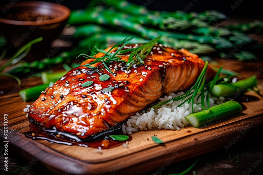 Teriyaki salmon, food, close-up fish with rice. Generative AI 