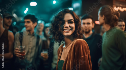 young adult people, party or meeting with friends or tourists, vacation day or nightlife in an old town, tourist side treat or party street with bars and clubs, fictional place
