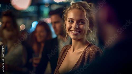 young adult woman, party or meeting with friends or tourists, vacation day or nightlife in an old town, tourist side treat or party street with bars and clubs, fictional place