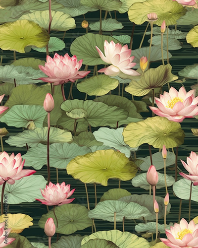 Wallpaper tileable pattern of of blooming lotus pond created with Generative AI technology 