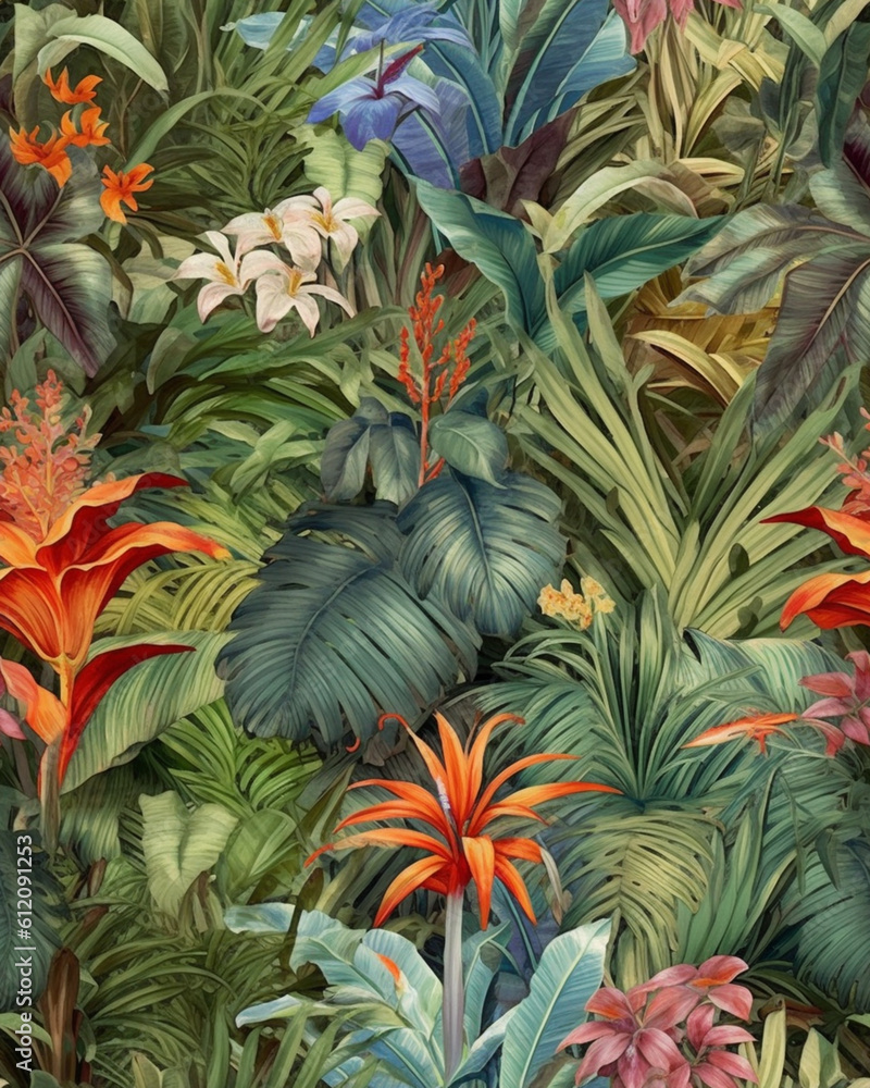 Obraz premium Wallpaper tileable pattern of tropical plants created with Generative AI technology 