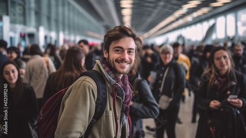 young adult man, at the airport or train station, fictitious