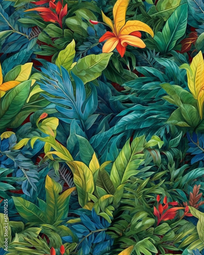 Wallpaper tileable pattern of tropical plants created with Generative AI technology 