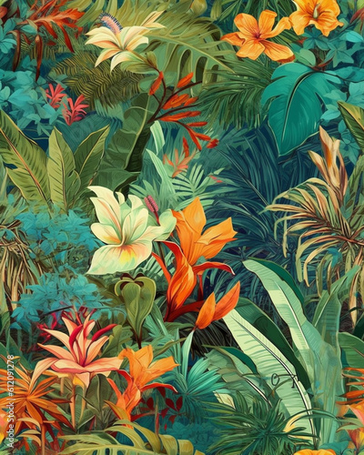Wallpaper tileable pattern of tropical plants created with Generative AI technology 