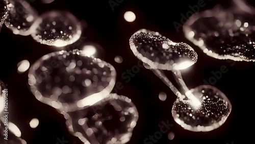 cells dividing under microscope, 
Animation imitating a view through a microscope, with a single microorganism self-replicating and multiplying into many (binary fission)
 photo