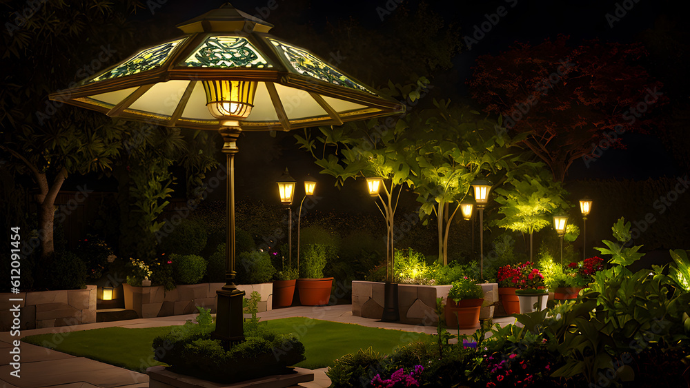 Fototapeta premium Beautiful Shining Lamps Garden Park Decor Environment At Night