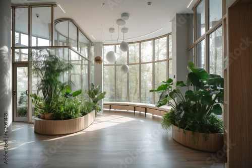 Empty hall in modern building with tall windows and indoor plants. Generative AI illustration