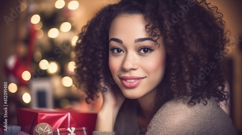 young adult woman, with a christmas present, christmas eve, anticipation and christmas mood