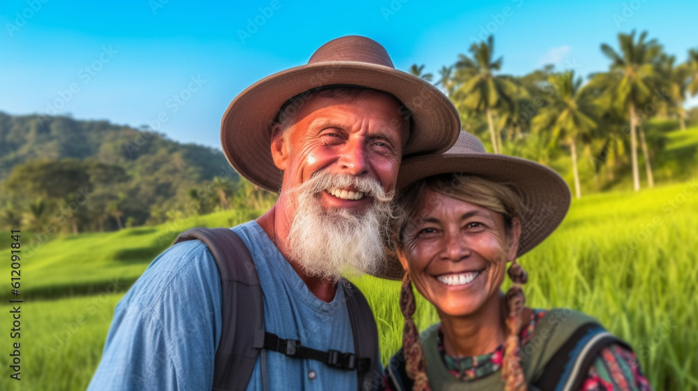 hippie style, mature middle age adult woman and man wearing sun hat in tropical, palm trees, fictional location