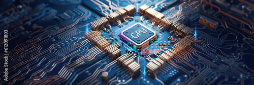 closeup on an advanced GPU ram microchip or cpu of a powerful computer board for artificial intelligence technology as wide banner design with copy space area - Generative AI photo