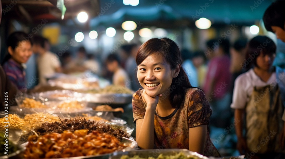 night market for food and snacks, asian food market to eat directly, fictional place, sales stall saleswoman