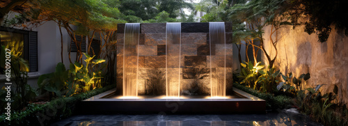 outdoor home modern water feature fountain waterfall as wide banner with copy space area for garden landscape design concepts - Generative AI photo