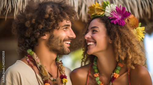 handsome adult man with a multiracial beautiful woman with flower head decoration at water on a beach, fictitious place