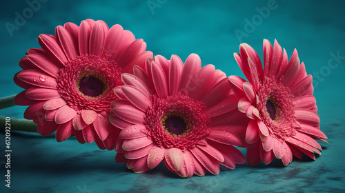 Colorful gerbera flowers on a green background. A photo detailing three red gerbera flowers. Generative AI.