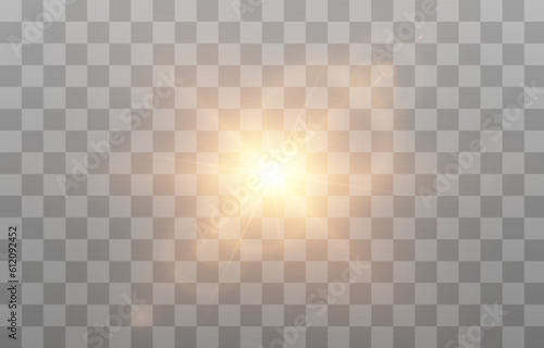Vector light with glare. Golden light png. Flash of light png. Glare from the flash. Sun, sunbeams, dawn.