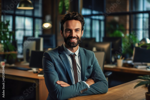 Successful Businessman with a Welcoming Smile Sitting at Comfortable Desk with Arms Crossed, ai generative