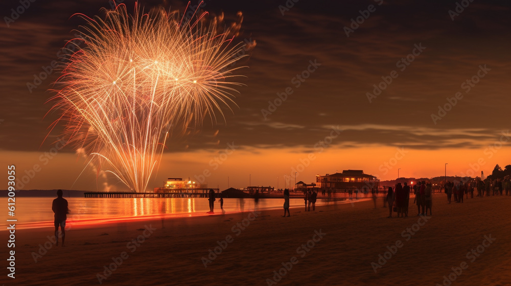 fireworks on a beach, fictional place, new year's eve or city festival fireworks on a beach, fictional place, new year's eve or city festival