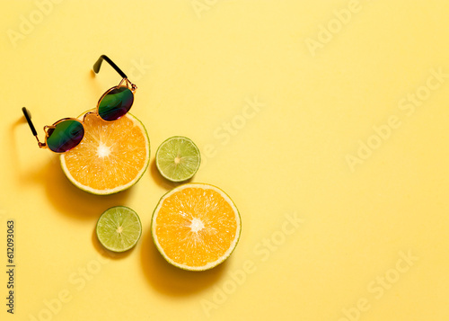 Banner con espacio para texto, frutas frescas y naturales naranjas y limones en rodajas, gafas de sol y sonrisas en fondo amarillo, concepto de dia mas feliz del año, happy yellow day, verano. photo