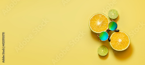 Banner con espacio para texto, frutas frescas y naturales naranjas y limones en rodajas, gafas de sol y sonrisas en fondo amarillo, concepto de dia mas feliz del año, happy yellow day, verano.