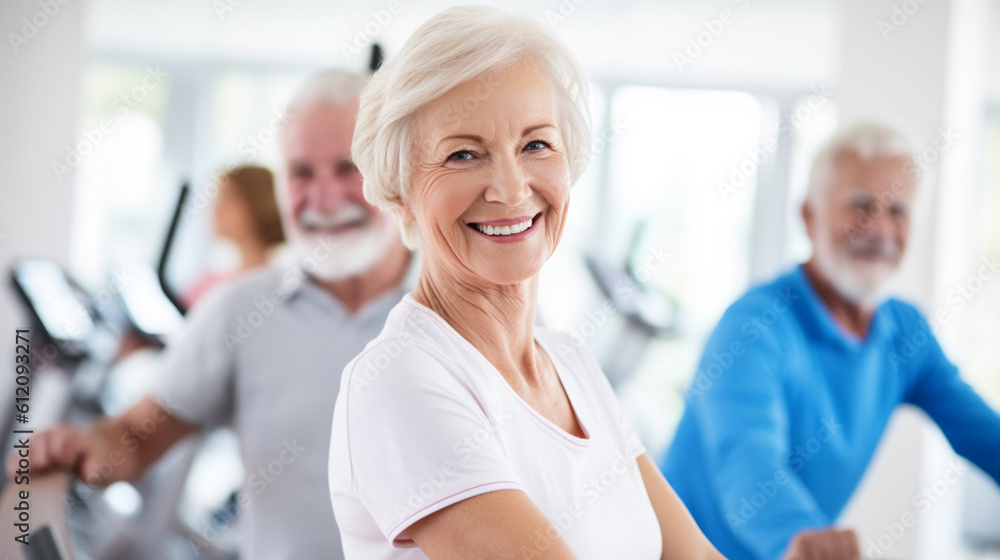 Fototapeta premium old woman ,grandmother, in a gym or both he nursing or sick leave on a bicycle machine or treadmill or athletic equipment for fitness and increasing physical fitness and health