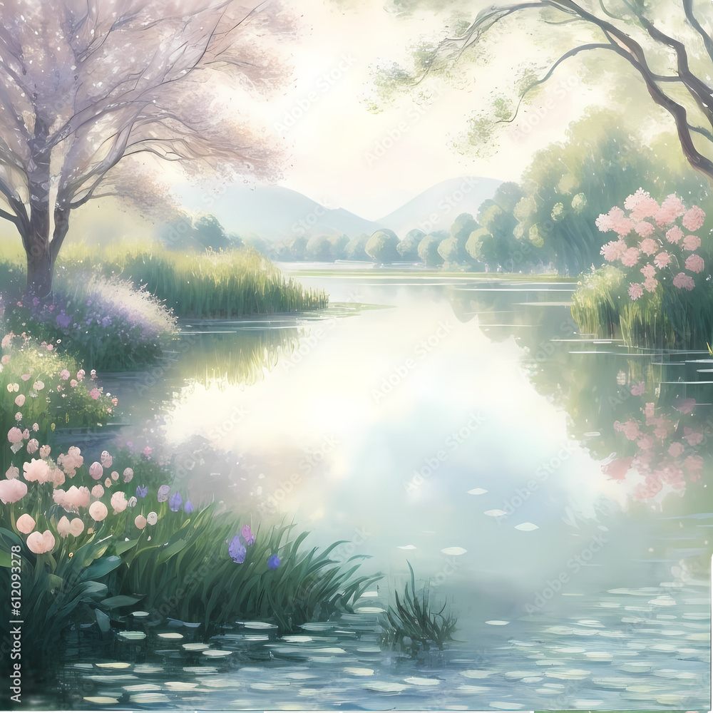  A  soft and dreamy watercolor that showcases a serene landscape, emphasizing nature. This design is perfect for decorative paintings.